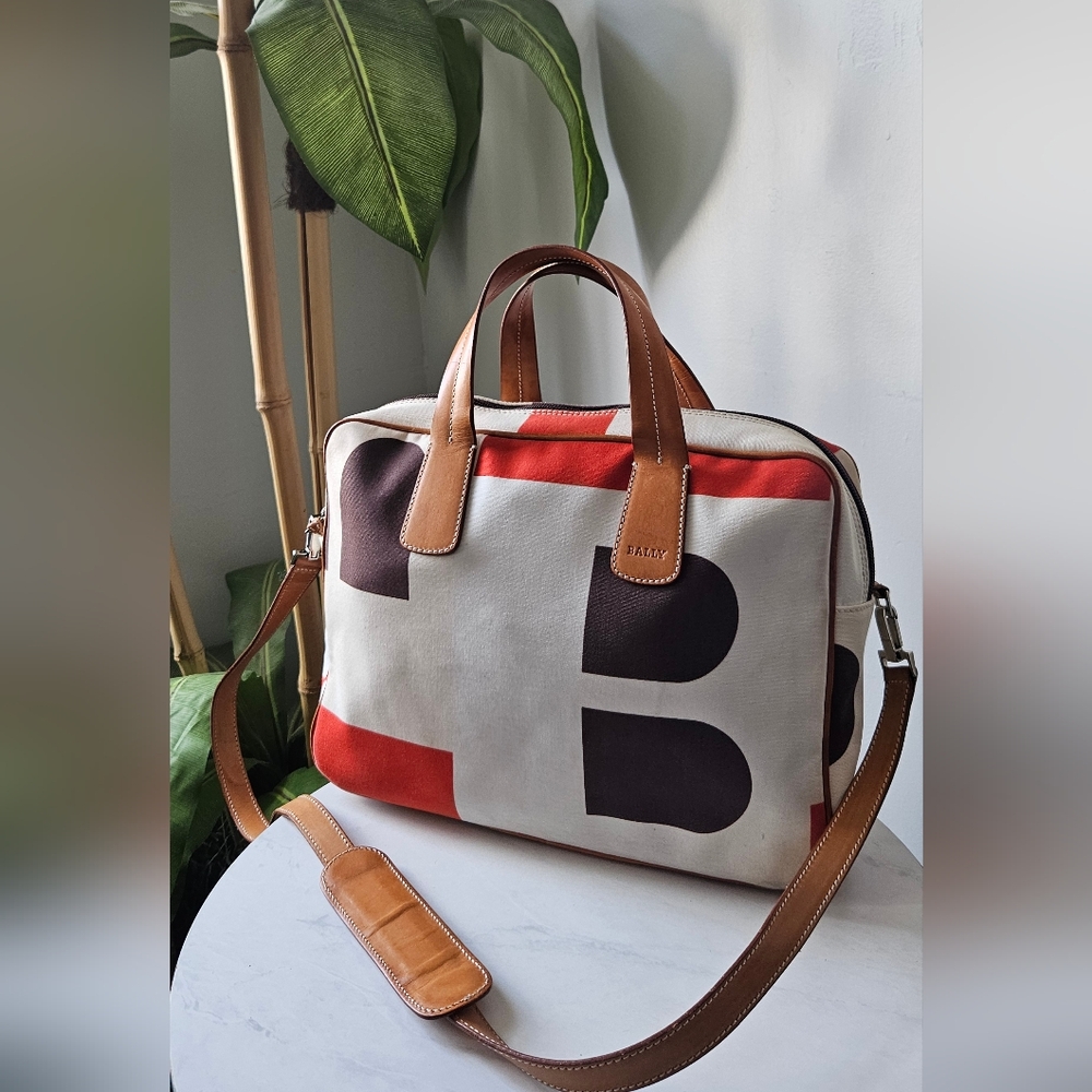 BALLY Canvas Leather Printed Logo Tote Travel Bag Zip Brown Orange Cream w Strap